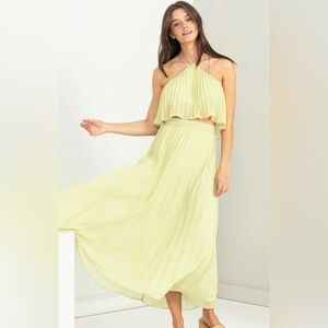 NWT HYFVE - Summer Wedding Guest Lime Green Pleated Skirt and White Top Set